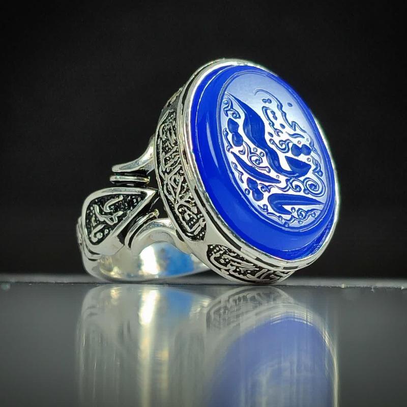 انگشتر عقیق آبی مردانه "اشک فرات" – توسل به "یا رقیه" بر رکاب "یا حسین" کد 1818