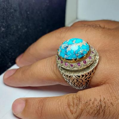 انگشتر نقره باسنگ فیروزه دور سنگ یاقوت کد 1263