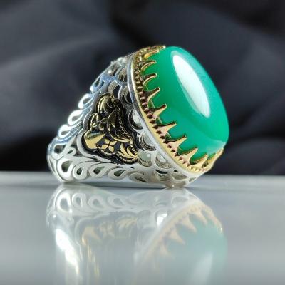 انگشتر نقره عیار 925 با سنگ عقیق سبز درجه یک – کد 1057