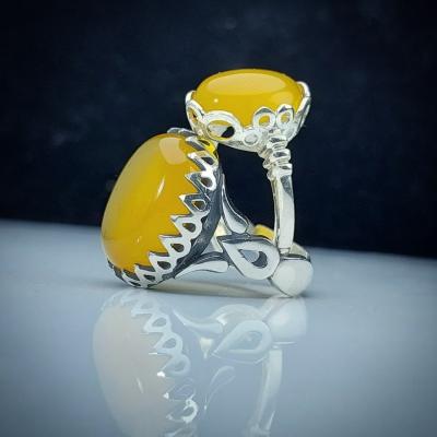 ست زوجین نقره رکاب اشکی و گلی با سنگ عقیق زرد شرف و الشمس– کد 1099
