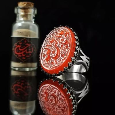 انگشتر مردانه عقیق قرمز درجه یک با حکاکی هنری و معنوی یا اباعبدالله کد 1172