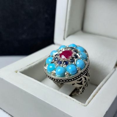 انگشتر نقره باسنگ فیروزه یاقوت کبود و یاقوت قرمز کد 1275