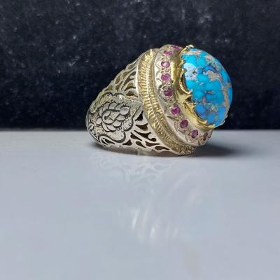 انگشتر نقره باسنگ فیروزه دور سنگ یاقوت کد 1263